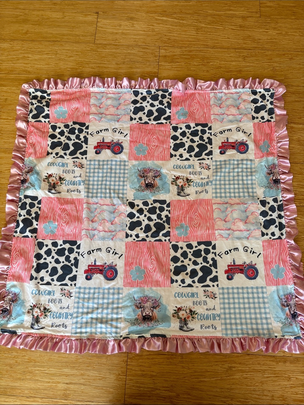 Boutique Western Cowgirl Farm Girl Minky Faux Quilt Baby Blanket - 32x32 rodeo